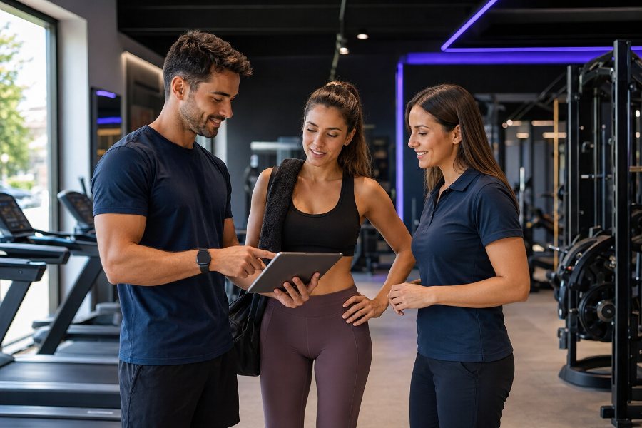 Entrenadores atendiendo a una clienta en un gimnasio